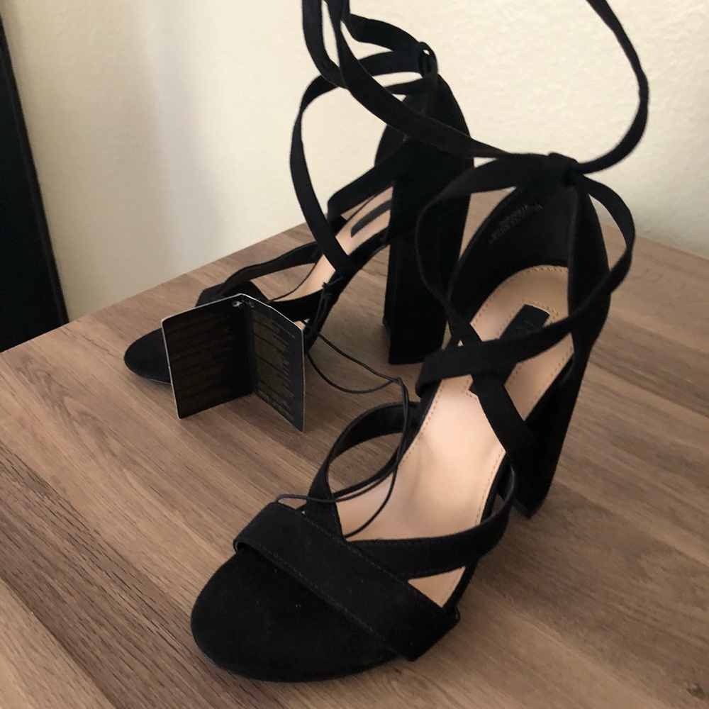Black suede lace up heels
